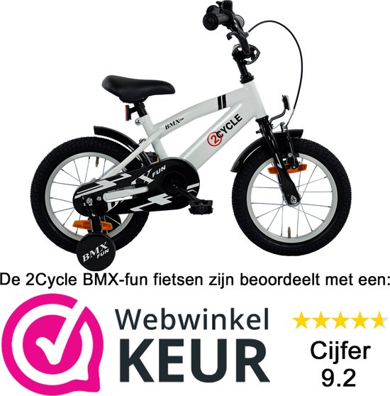 Witte 2Cycle kinderfiets met "BMX FUN"-opdruk, met vermelding van "Webwinkelkeur" en cijfer 9.2.