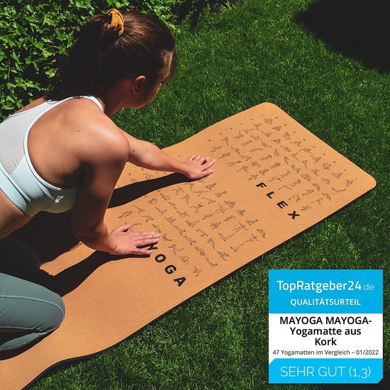 MAYOGA® Yogamat van kurk inclusief extra draagriem, met rek- en yoga-oefeningen, testwinnaar 01/2022 met de noot 1,3, de perfecte kurk-yogamat met 6 mm dikte, 183 x 61 x 0,6 cm — afbeelding 3