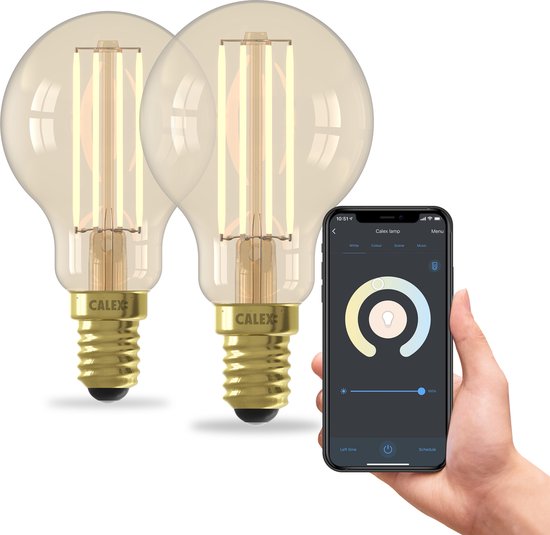 Calex Smart Lamp - Set de 2 pièces - Siècle des Lumières à Filament LED Wifi - E14 - Source de Lumière Smart Or - Dimmable - Lumière Wit Chaud - 4.5W
