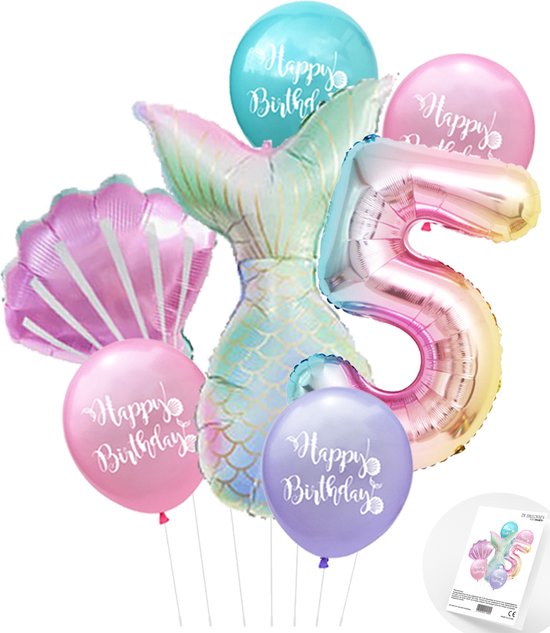 Cijfer ballon 5 - Zeemeermin - Mermaid - Meermin - Ballonnen Pakket - Kinderfeestje - Helium Ballonnen - Snoes