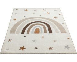the carpet Beat Kids modern zacht kindertapijt, zachte pool, gemakkelijk te reinigen, kleurecht, regenboogmotief, crème met regenboog en sterren, 80 x 150 cm