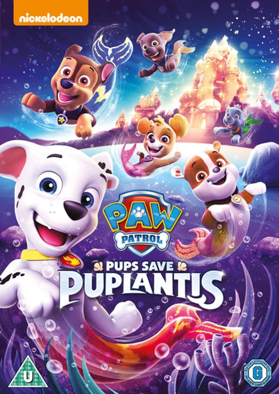 Paw Patrol pups met zeemeerminnenstaarten, Chase met vleugels, en een waterkasteel.