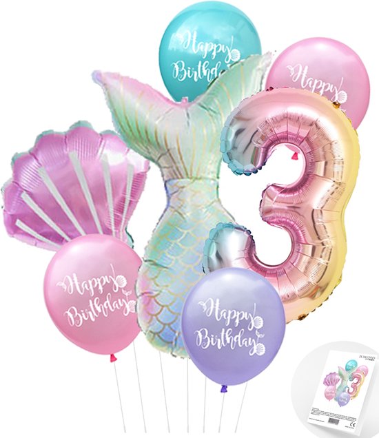 Cijfer ballon 3 - Zeemeermin - Mermaid - Meermin - Ballonnen Pakket - Kinderfeestje - Helium Ballonnen - Snoes