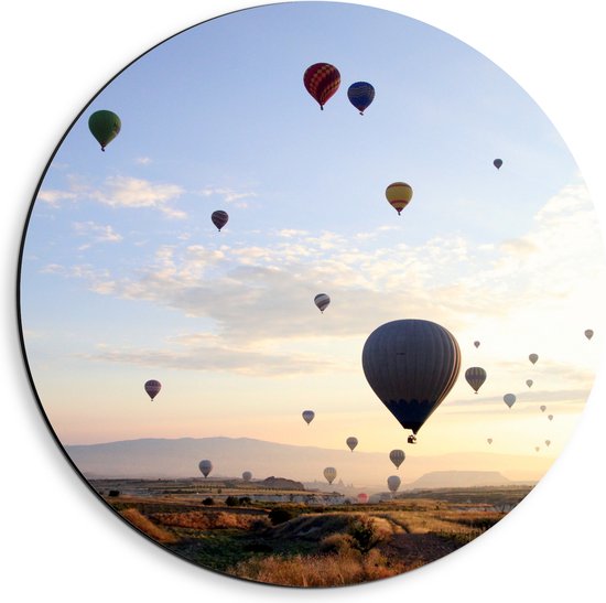 WallClassics - Dibond Muurcirkel - Zee van Verschillende Kleuren Luchtballonnen boven Natuur Landschap - 40x40 cm Foto op Aluminium Muurcirkel (met ophangsysteem)