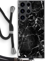 Case Company® - Hoesje met koord geschikt voor Samsung Galaxy S23 Ultra hoesje met Koord - Zwart Marmer - Telefoonhoesje met Zwart Koord - Bescherming aan alle Kanten en Over de Schermrand