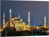WallClassics - Acrylglas - Sultan AhmetMoskee in de Nacht in Istanbul, Turkije - 100x75 cm Foto op Acrylglas (Wanddecoratie op Acrylaat)