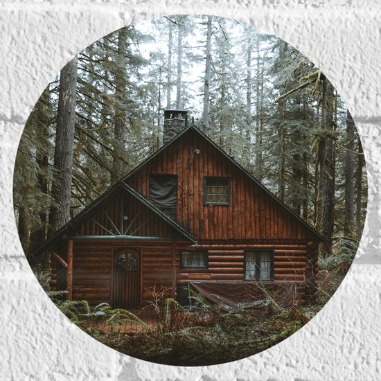 Muursticker Cirkel - Houten Huisje in het Bos - 20x20 cm Foto op Muursticker