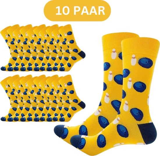 Winkrs - 10x Bowlers sokken - Gele sokken met Bowling Pins en Bowlingballen - Heren maat 41-46 - 10 paar sokken
