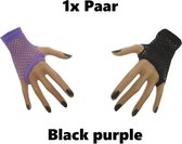 Paar nethandschoenen vingerloos Black Purple - Festival thema feest disco neon zwart en paars verjaardag verkleed feest
