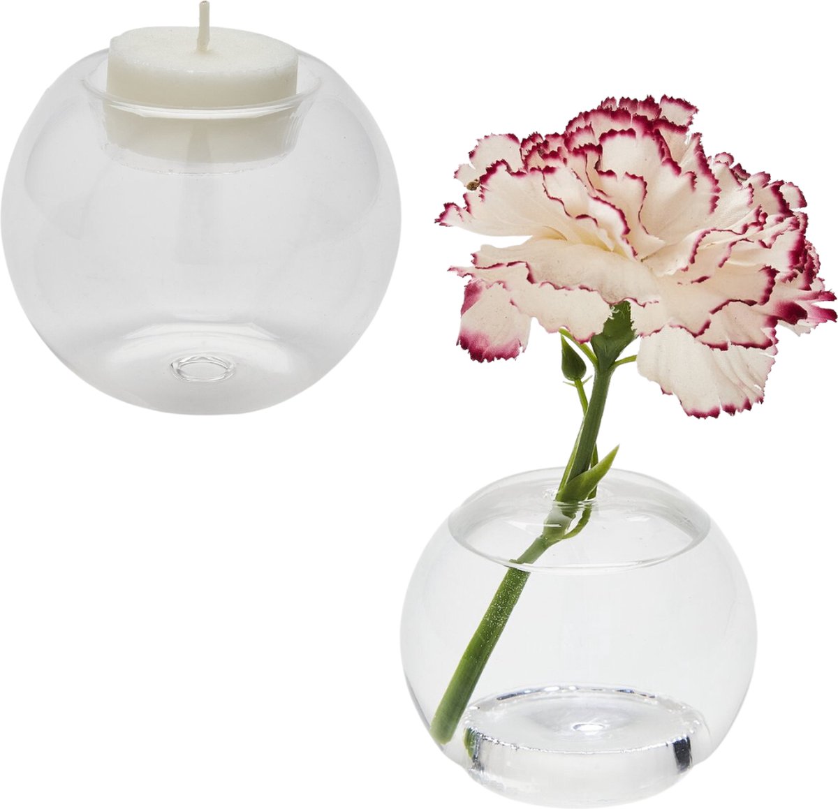 Twee stuks ronde glazen waxinelichthouder en vaasje in één | Tafeldecoratie | Transparant | 8 cm