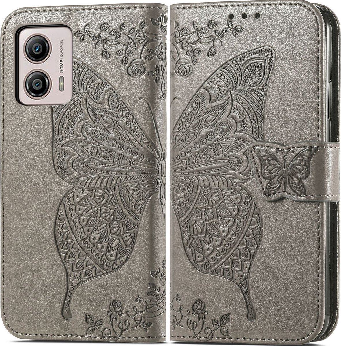 Mobigear Telefoonhoesje geschikt voor Motorola Moto G53 5G Hoesje | Mobigear Butterfly Bookcase Portemonnee | Pasjeshouder voor 3 Pasjes | Telefoonhoesje voor Pinpas / OV Kaart / Rijbewijs - Grijs