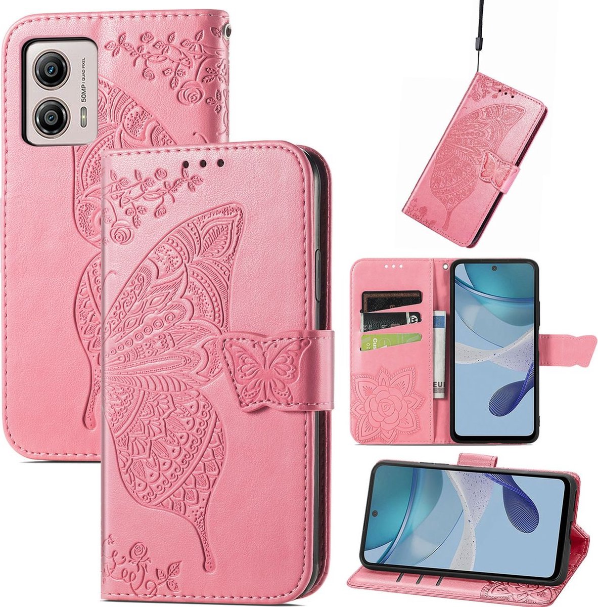 Mobigear Telefoonhoesje geschikt voor Motorola Moto E13 Hoesje | Mobigear Butterfly Bookcase Portemonnee | Pasjeshouder voor 3 Pasjes | Telefoonhoesje voor Pinpas / OV Kaart / Rijbewijs - Roze