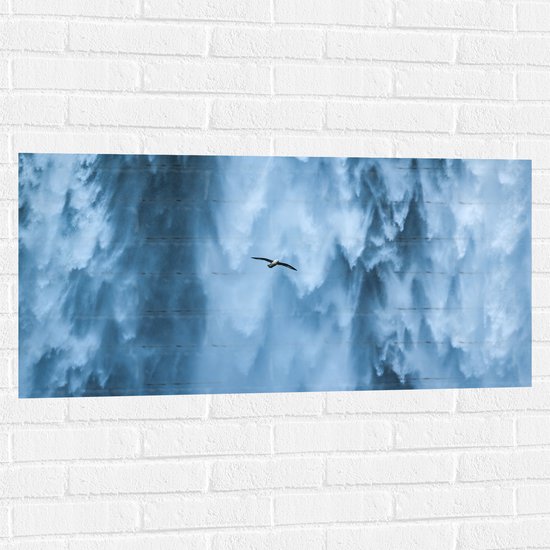 Muursticker - Vogel Vliegend Langs Hoge Wilde Waterval - 100x50 cm Foto op Muursticker