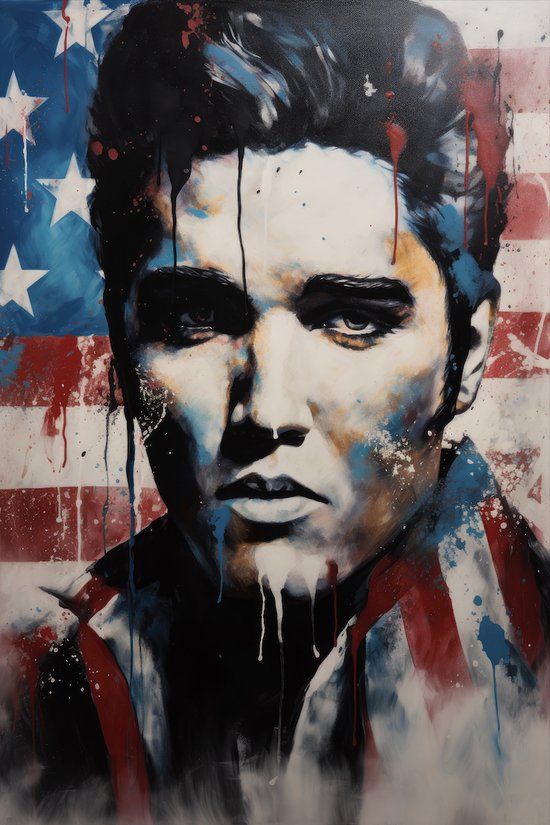 Muziek Poster - Elvis Presley - Rock Poster - Abstract Portret - The King of Rock - Wanddecoratie - Amerikaanse Vlag - 51x71 - Geschikt om in te lijsten