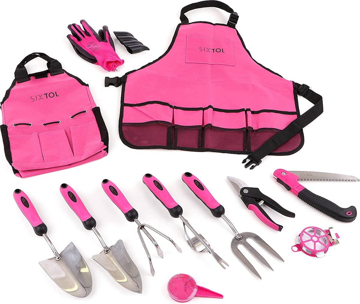 Garden PINK 12 tuingereedschap Set | 12 stuks Tuinaccessoires van roestvrij staal | Praktisch tuinschort en tas als geschenk vrouwen | Voor tuinders (PINK, 12) (PINK, 12)