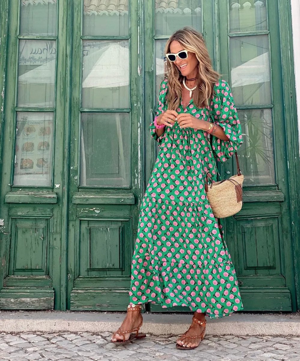 Dames maxi boho jurk | groen | bohemian | zomer jurk | polyester | maat L |  bol.com