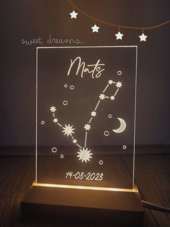 Nachtlampje met sierletters | gepersonaliseerd | sterrenbeeld, naam en geboortedatum | kraamcadeau kerstcadeau |