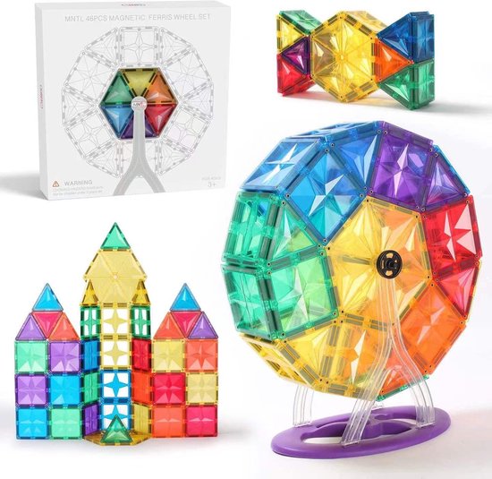 Foto: Mntl magnetic tiles magnetische tegels reuzenrad 46 stuks combineer met connetix coblo magnatiles magnetisch speelgoed open einde montessori speelgoed sterkere magneten krasvast