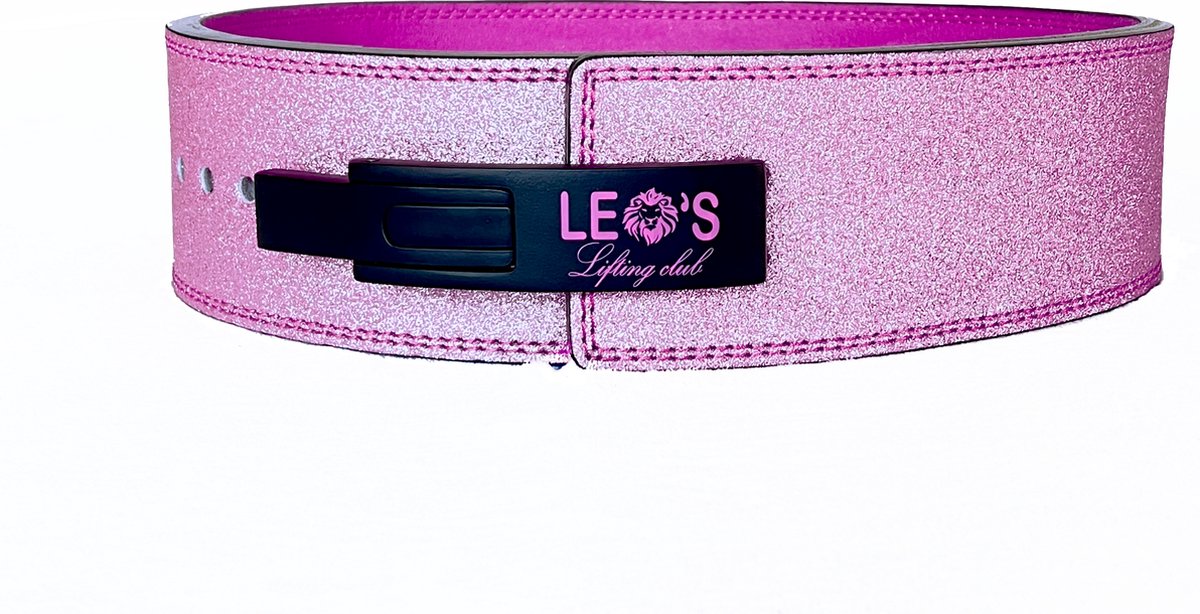 Leo's Lifting Club - Pink Sparkle Leverbelt - Glitter Roze belt met hendel - Tijdelijk met gratis verrassingscadeau - Lifting Belt Woman - Buckle Belt - Gym - Sport - Sportschool gear - Powerlift Belt - Bodybuilding Belt - Halterriem - Gewichthefriem