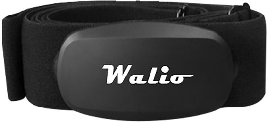 Zwarte Walio hartslagmeterband met gespen en een zwart, ovaal meetgedeelte met het witte Walio-logo.