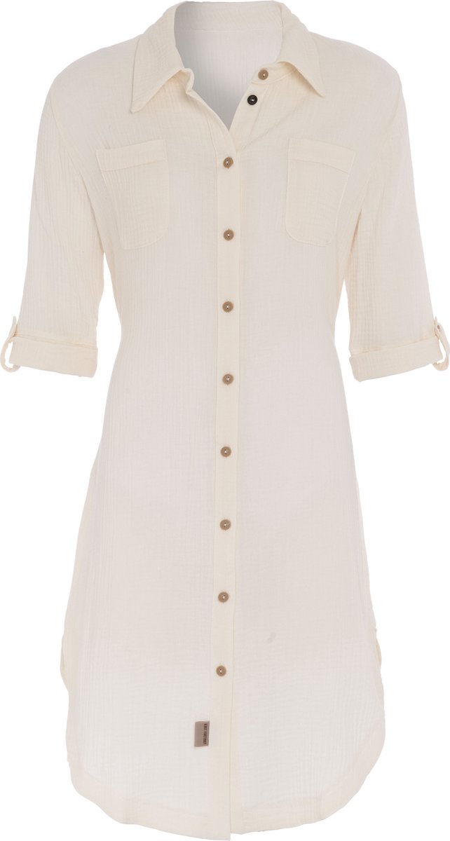 Knit Factory Kim Dames Blousejurk - Lange blouse dames - Blouse jurk beige - Zomerjurk - Overhemd jurk - L - Beige - 100% Biologisch katoen - Knielengte
