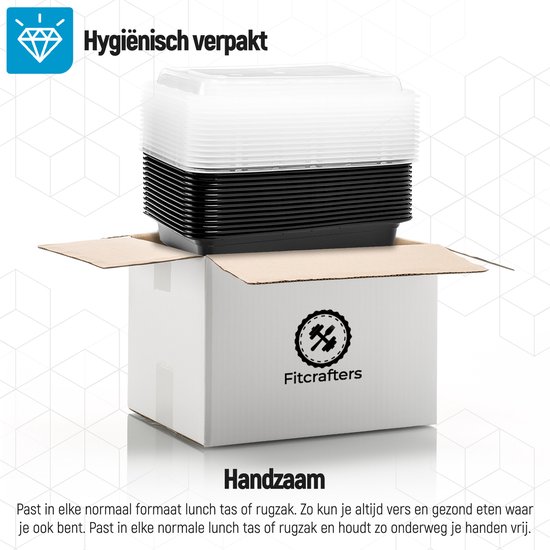 Doos met gestapelde zwarte meal prep bakjes