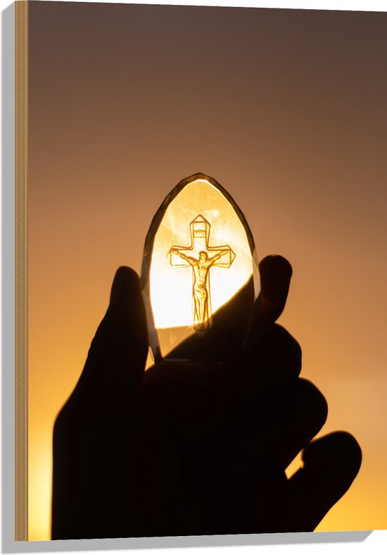 Hout - Doorzichtige Steen met Christelijk Kruis tegen het Zonlicht - 50x75 cm - 9 mm dik - Foto op Hout (Met Ophangsysteem)