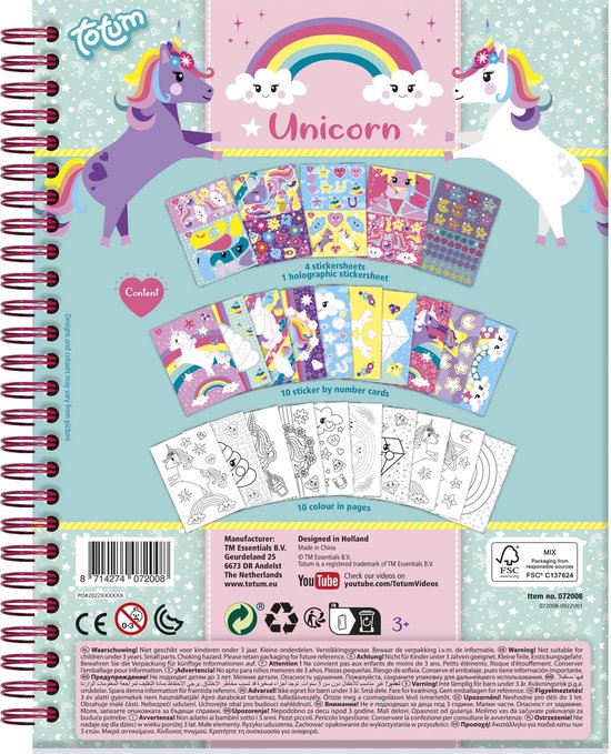 Arrière d'un livre "Sticker by number" Licorne montrant la liste du contenu : 10 puzzles d'autocollants, 1 feuille d'autocollants, 10 pages à colorier. Deux grandes licornes, des arcs-en-ciel et des nuages.