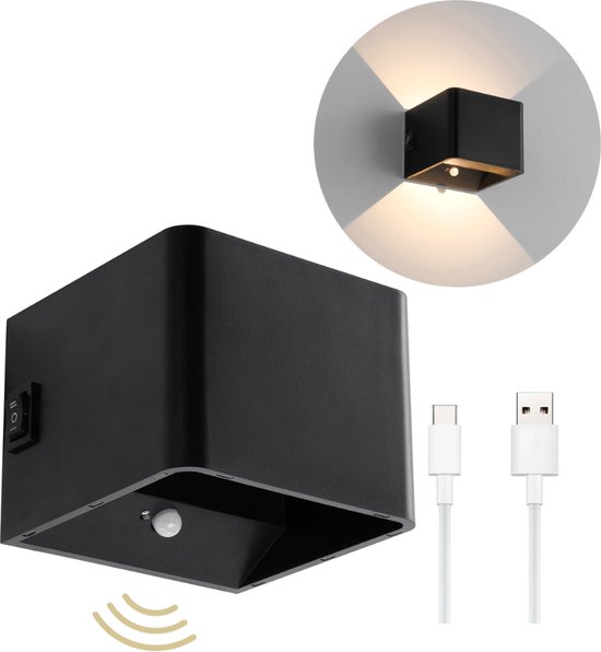 Wandlamp - Oplaadbaar LED Wandlamp binnen - moderne lamp met bewegingssensor - Magnetisch - wandlamp zwart - USB