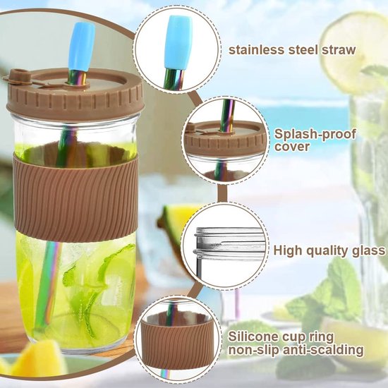 WOPPLXY Set van 3 glazen met deksel en rietje, 550 ml drinkglazen met deksel, glazen bekers voor cocktails, ijskoffiekopjes, smoothies, sappen