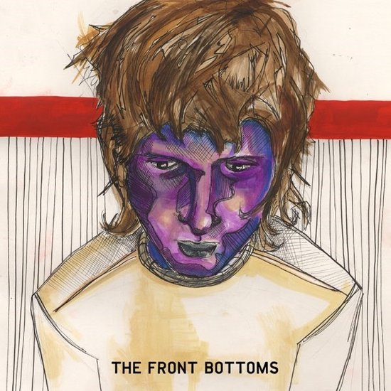 Portret van een persoon met paars gezicht, bruin haar en een gele trui, naar beneden kijkend. Tekst: THE FRONT BOTTOMS.