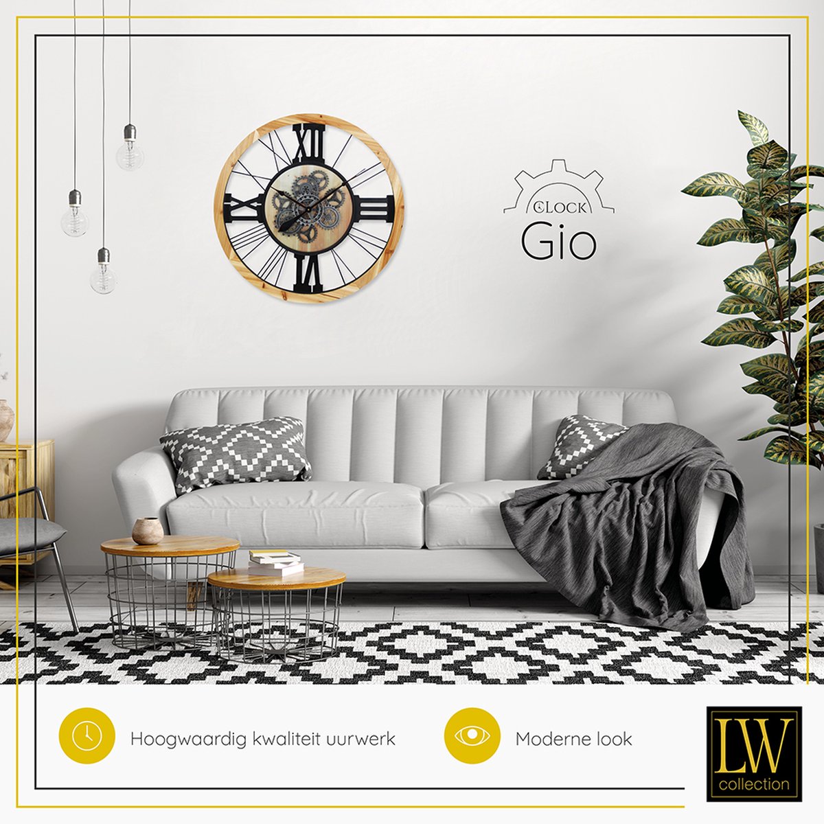 LW Collection wandklok met draaiende tandwielen bruin zwart 80cm met glasplaat - Radar wandklok - wandklok met bewegende wandwielen — cadeau in Wonen & Interieur - foto 2