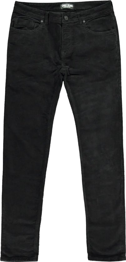 Zwarte heren corduroy broek met slim fit en ritssluiting.
