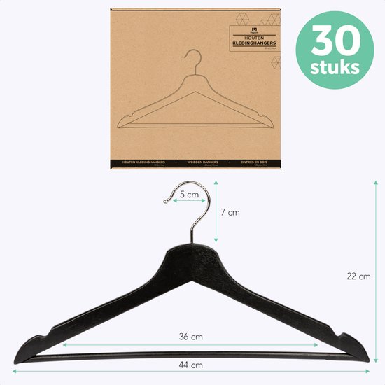 Cintres LifeGoods - Avec rail pour pantalon - Bois dur - Zwart - 30 pièces