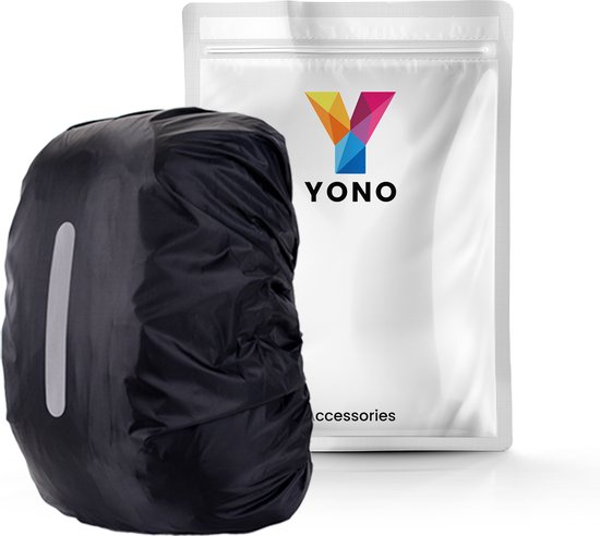 Zwarte YONO rugzakhoes met reflecterende strip, naast een witte verpakking met YONO logo.