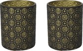 Countryfield Luxe theelichthouder - 2x stuks - Fantasy - glas - zwart/goud - D8 x H10 cm