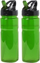 Waterfles/drinkfles/sportfles/bidon - 2x - groen transparant - kunststof - 650 ml - met drinktuit