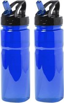 Waterfles/drinkfles/sportfles/bidon - 2x - blauw transparant - kunststof - 650 ml - met drinktuit