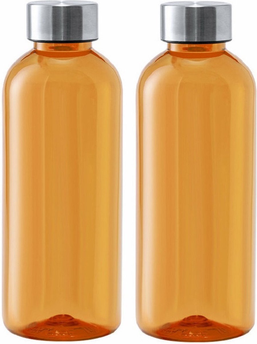 Kunststof waterfles/drinkfles/sportfles - 2x - oranje transparant - met RVS dop - 600 ml