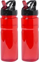 Waterfles/drinkfles/sportfles/bidon - 2x - rood transparant - kunststof - 650 ml - met drinktuit