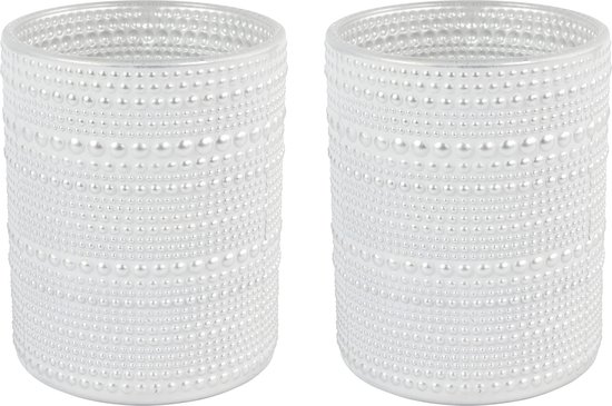 Countryfield Luxe theelichthouder - 2x stuks - Aurora - glas - parel wit/zilver - D8 x H10 cm