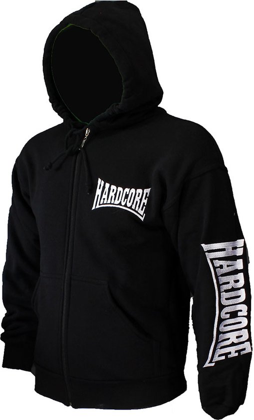 Sweat à capuche noir avec fermeture éclair et capuche, logo "HARDCORE" sur la poitrine et la manche.