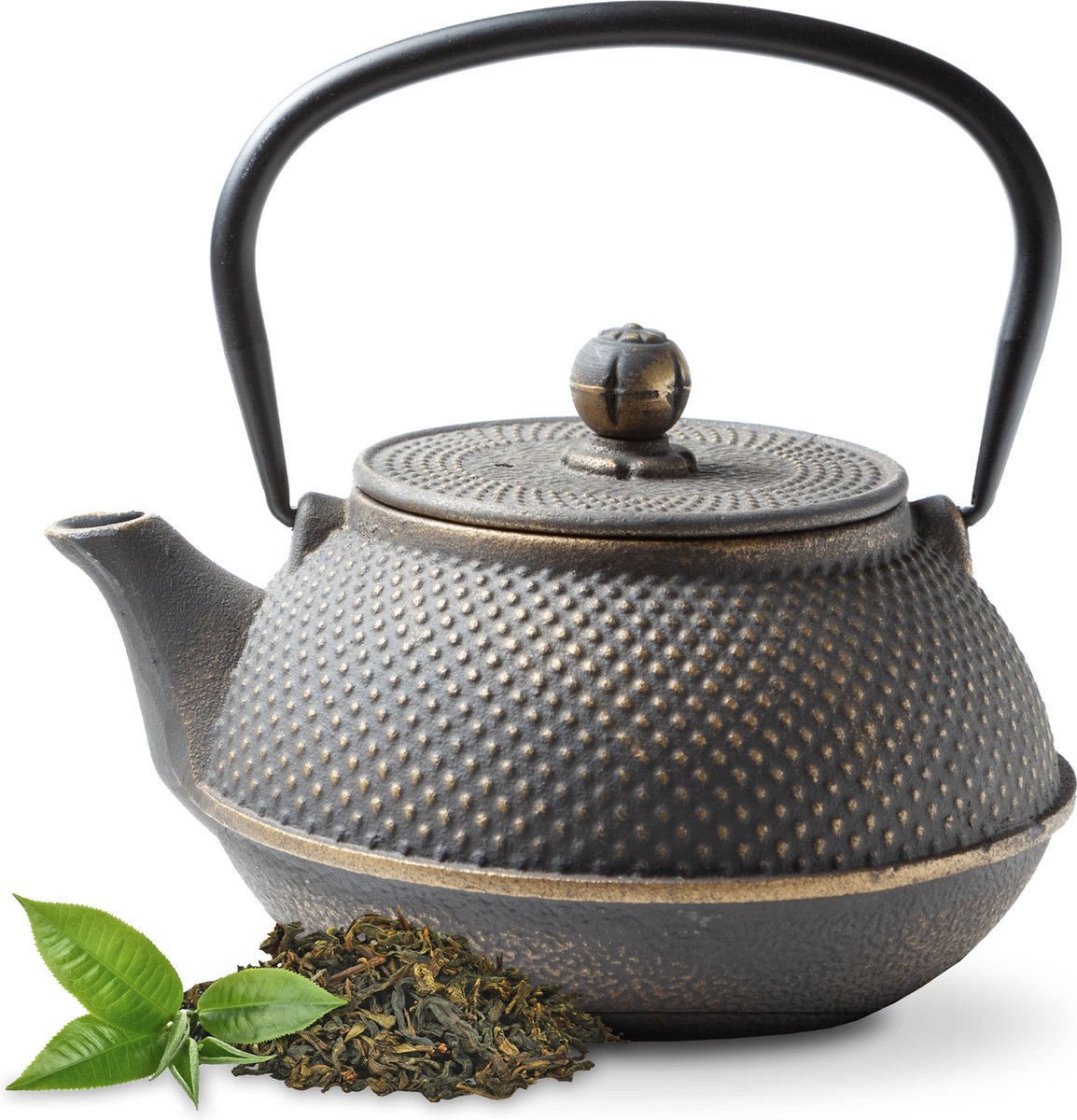 Tealøv THEEPOT GIETIJZER 800 ml | GIETIJZEREN THEEPOT Arare in Japanse Stijl | Met Uitneembare Roestvrijstalen Theezeef | Binnenzijde Volledig Geëmailleerd | Arare Zwart/ Goud