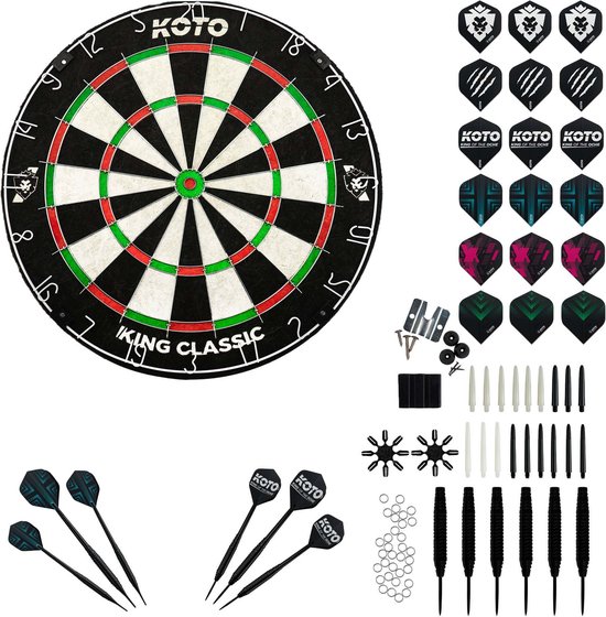 KOTO King Classic Academy Set, starterSet, hoogwaardig dartbord, inclusief 2 complete dartSets: barrels, shafts, flights