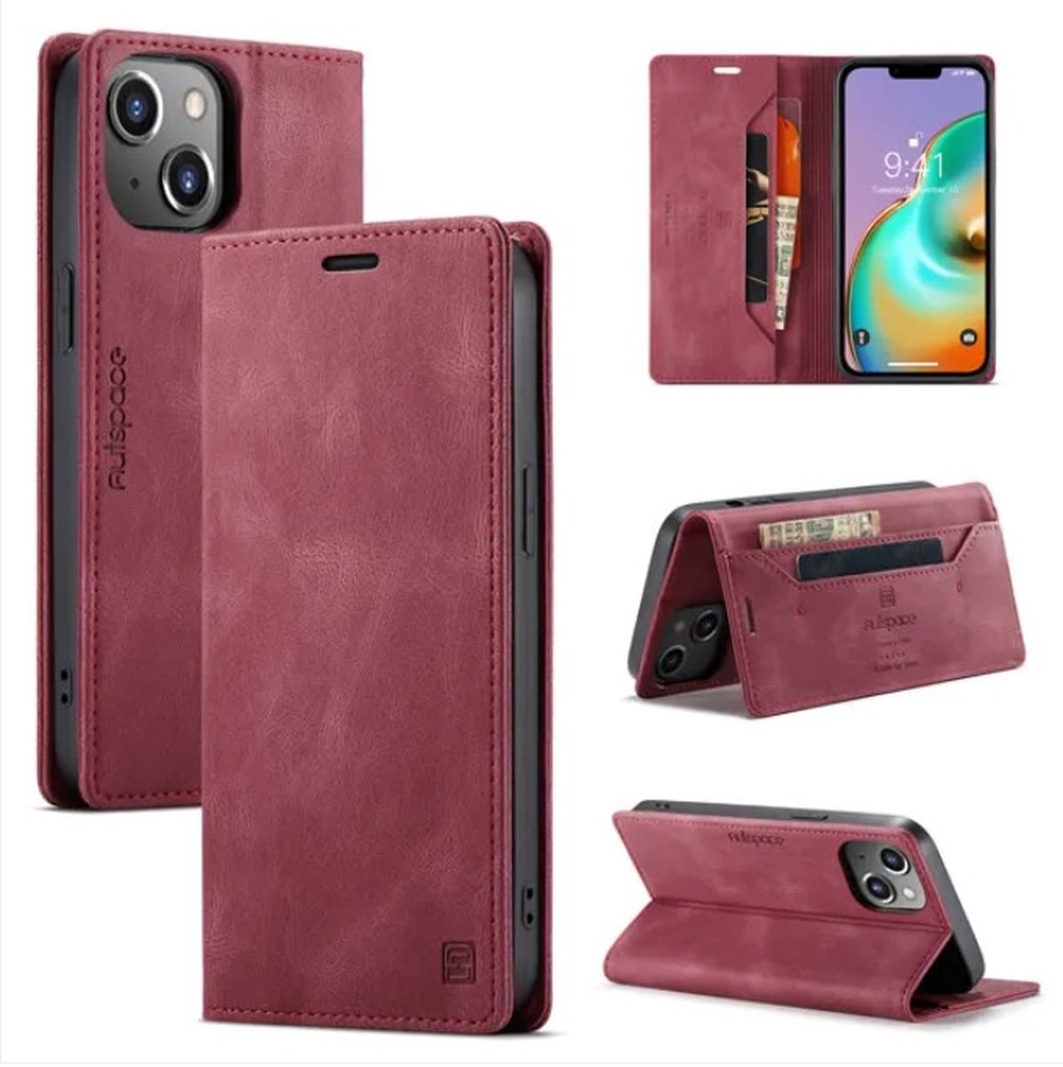 Luxe Flip Case met RFID Bescherming Kaarthouder en Magneetsluiting voor iPhone 14 / 13 _ Wijnrood