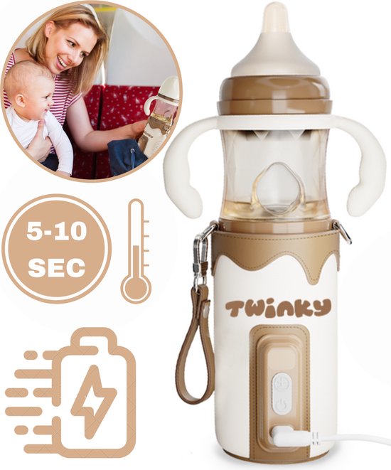 Product: TwinkyÂ® Bottlewarmer GO â€“ Draagbare Baby Flessenwarmer voor Onderweg en Thuis â€“ Incl. PPSU-Kwaliteit Babyflesje + Poederdoosje â€“ USB-C Oplaadbaar, van het merk Twinky
