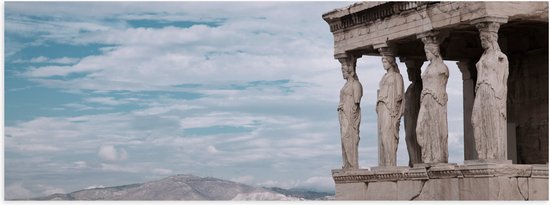 Poster Glanzend – Tempel Parthenon en Uitzicht op Berglandschap - 60x20 cm Foto op Posterpapier met Glanzende Afwerking