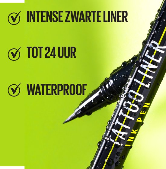 Zwarte Tattoo Liner Ink Pen met waterdruppels. Tekst: intense zwarte liner, tot 24 uur, waterproof.