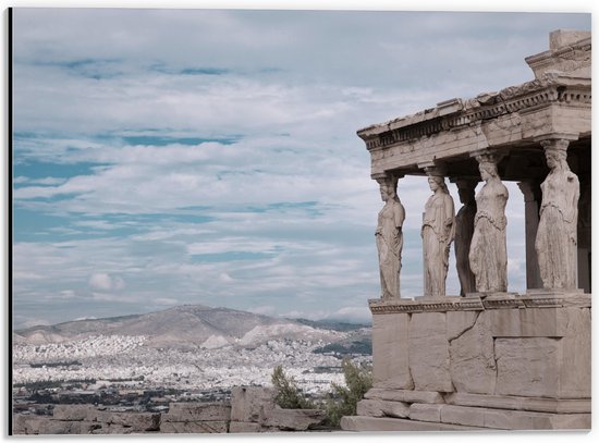 Dibond - Tempel Parthenon en Uitzicht op Berglandschap - 40x30 cm Foto op Aluminium (Met Ophangsysteem)