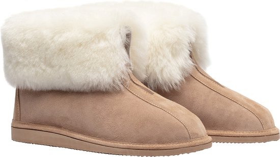 LuLu- Hoge Leren Schapenvacht Sloffen /Pantoffels met Rubberen Zool en Rits - kleur cognac